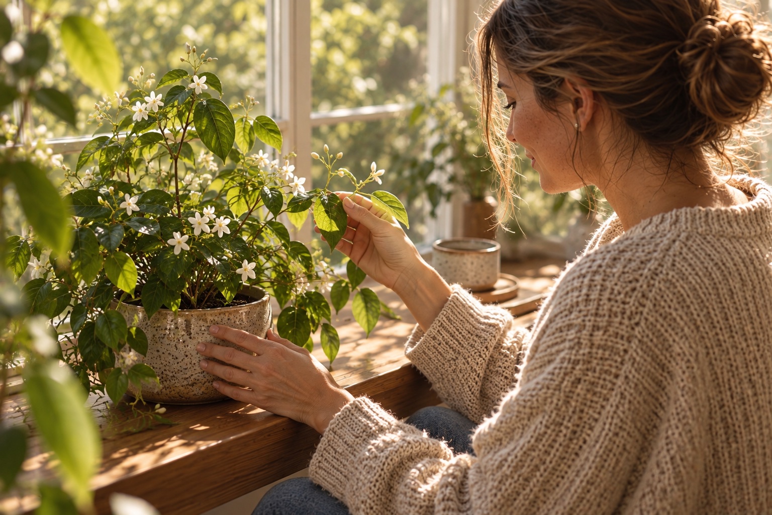 Illustrative scene: a woman gently tending a leafy flowering plant by a sunlit window.