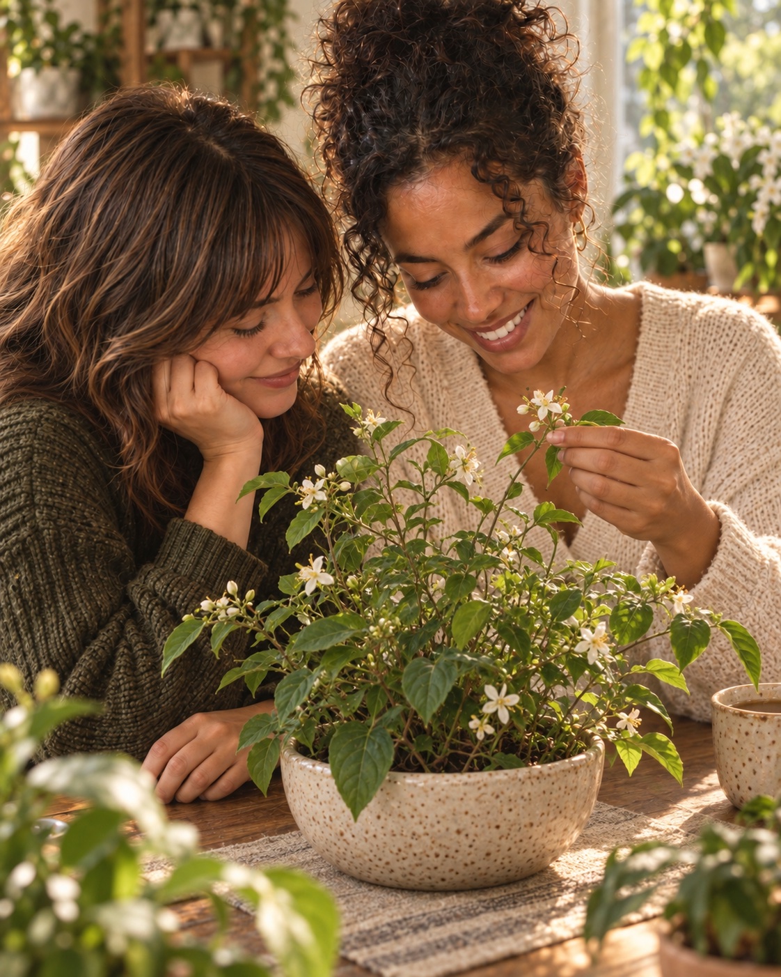 Illustrative scene: two friends leaning close to admire a small blossom among living leaves.